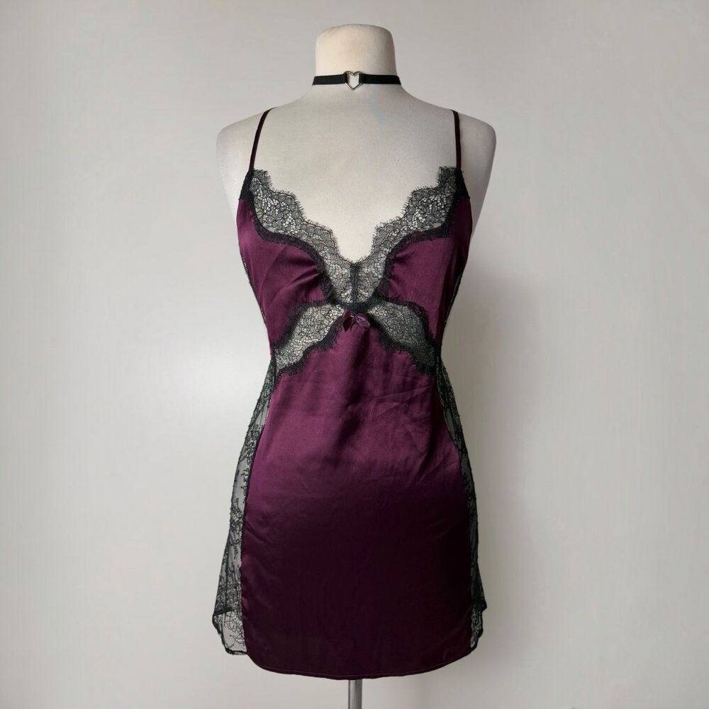 Victoria's Secret Burgundy Satin Lace Slip Dress Open Back Y2K Coquette Small